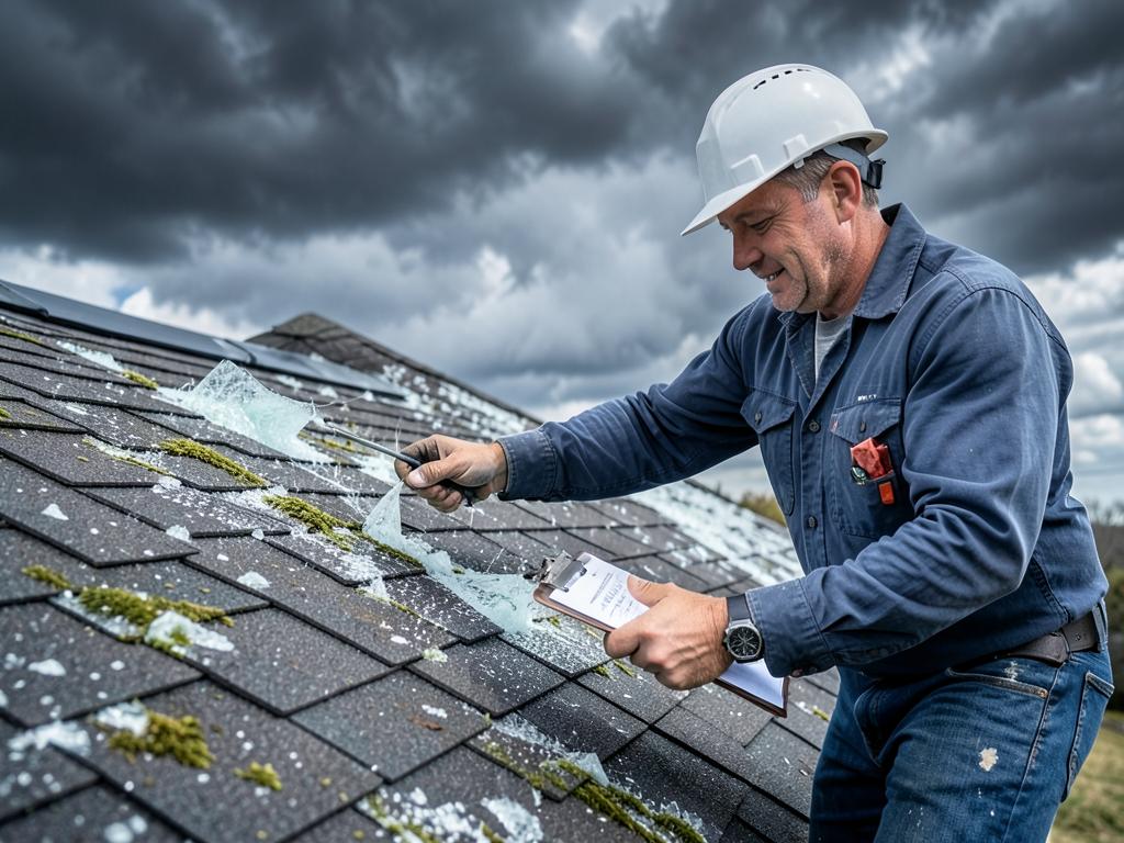 Contractor inspecting hail damage on a shingle roof