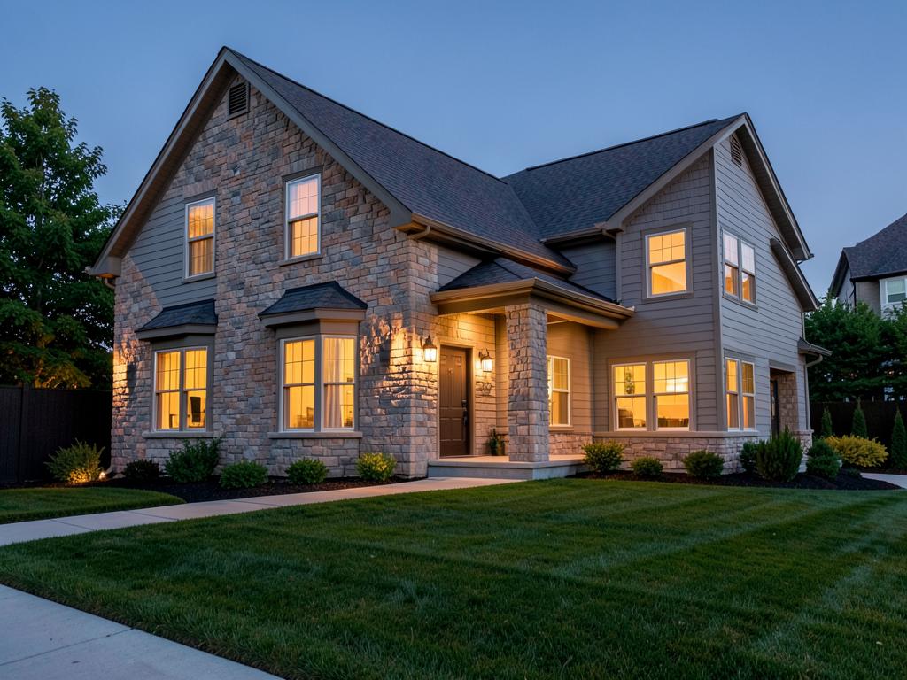 Completed custom home exterior with stone and siding at dusk